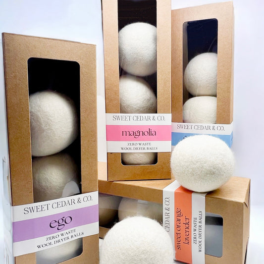 zero waste wool dryer balls with scent refill - Sweet Cedar & Co.
